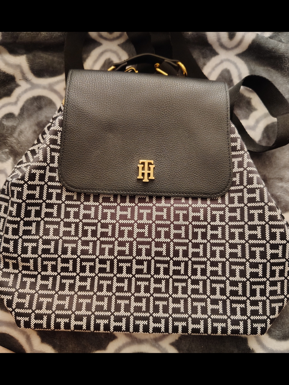 Tommy Hilfiger Black & White Monogram Backpack with Gold Hardware